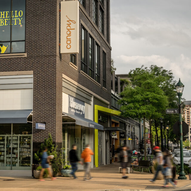 A street view of the bustling Pike & Rose town center.